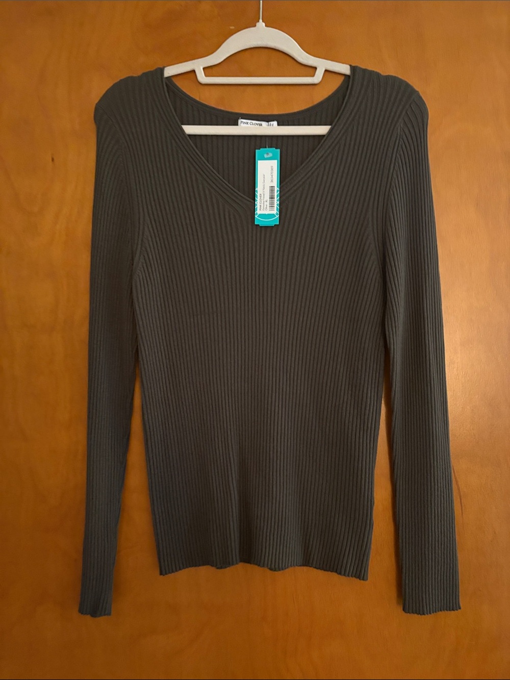 Ribbed V-Neck Long Sleeve Top - olive green